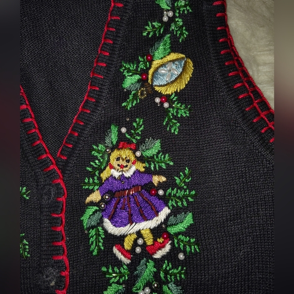 Beautiful Christmas Holiday Embroidered Black Vest with Red Trim - Picture 4 of 9